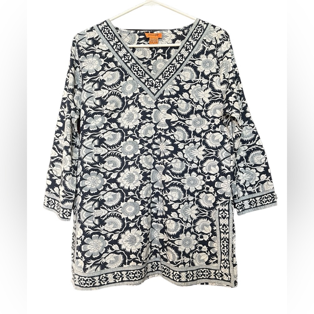 SAKKAS Cotton Floral Women’s‎ Top Tunic Long  Sleeves V Neck Sz L